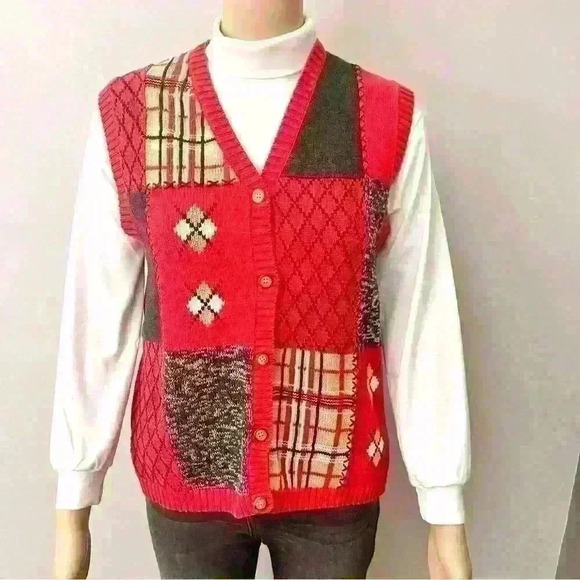 Grandma Boho Bohemians Button Down Crew Neck Red Sweater Vest. - Picture 11 of 11